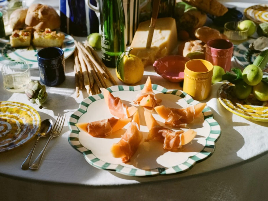 Alex &amp; Trahanas Large scalloped serving platter, green striped-Watson X Watson-Watson X Watson