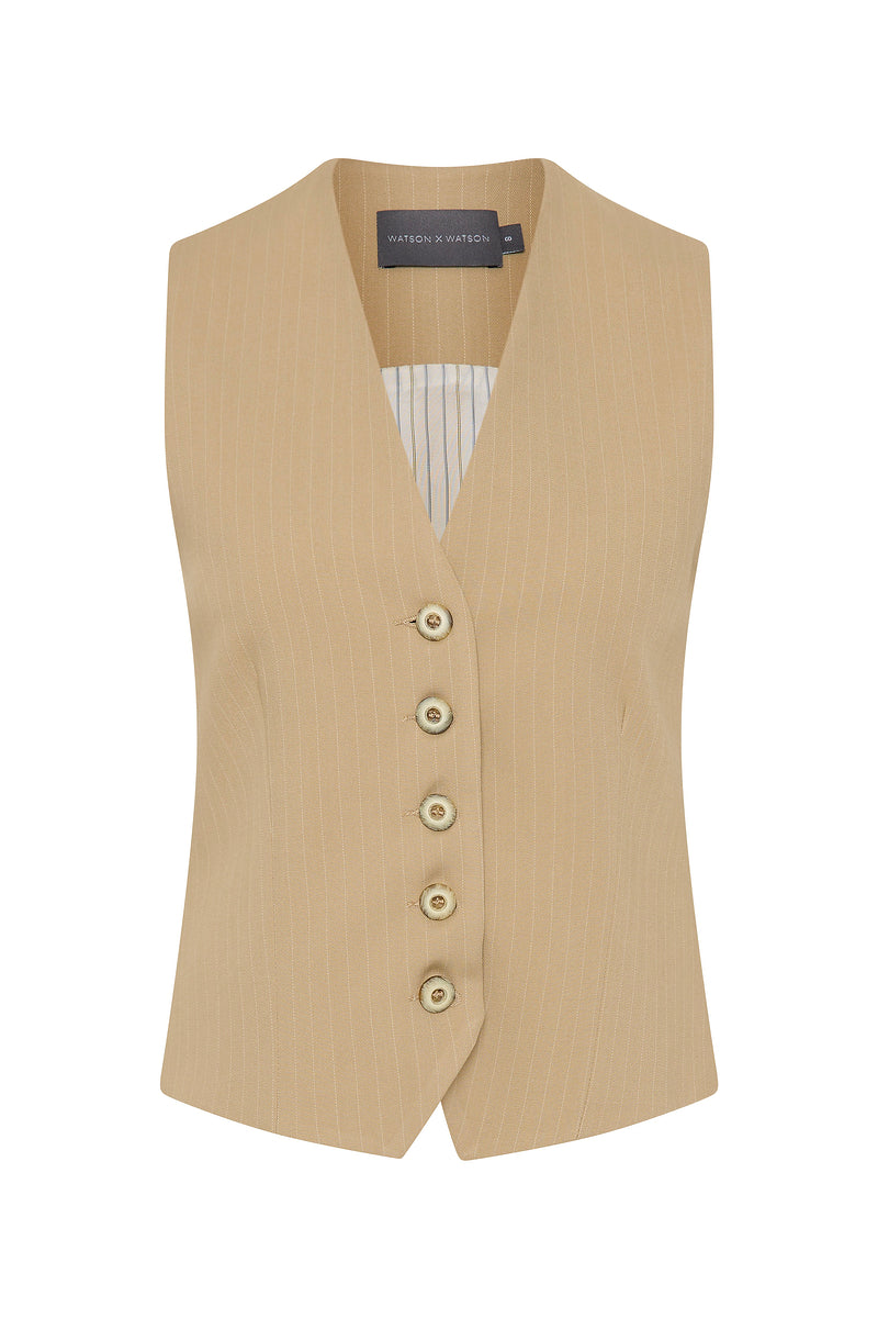 TAILORED VEST - SAND/WHITE PIN STRIPE-TOP-Watson X Watson-Watson X Watson