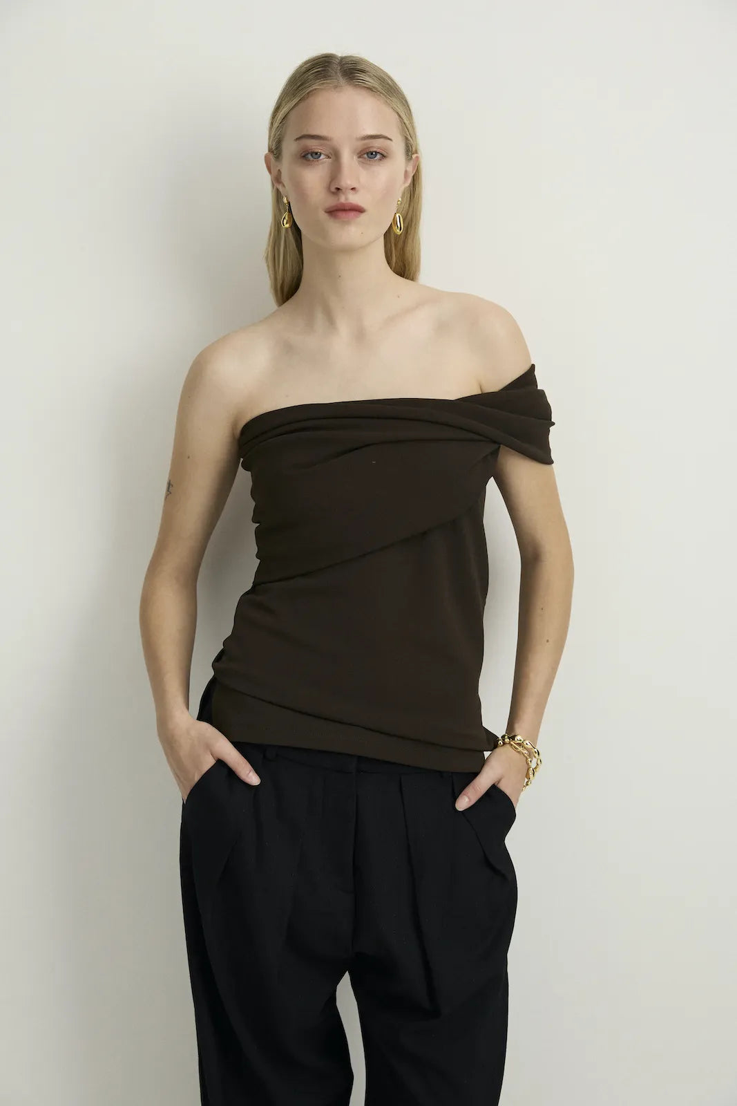 SOFT SCULPTURE OFF-SHOULDER TOP - ESPRESSO-TOP-Watson X Watson-Watson X Watson