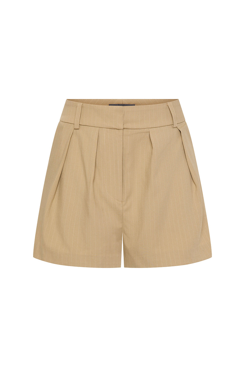 TAILORED PLEAT HIP SHORTS - SAND/WHITE PIN STRIPE-SHORTS-Watson X Watson-Watson X Watson