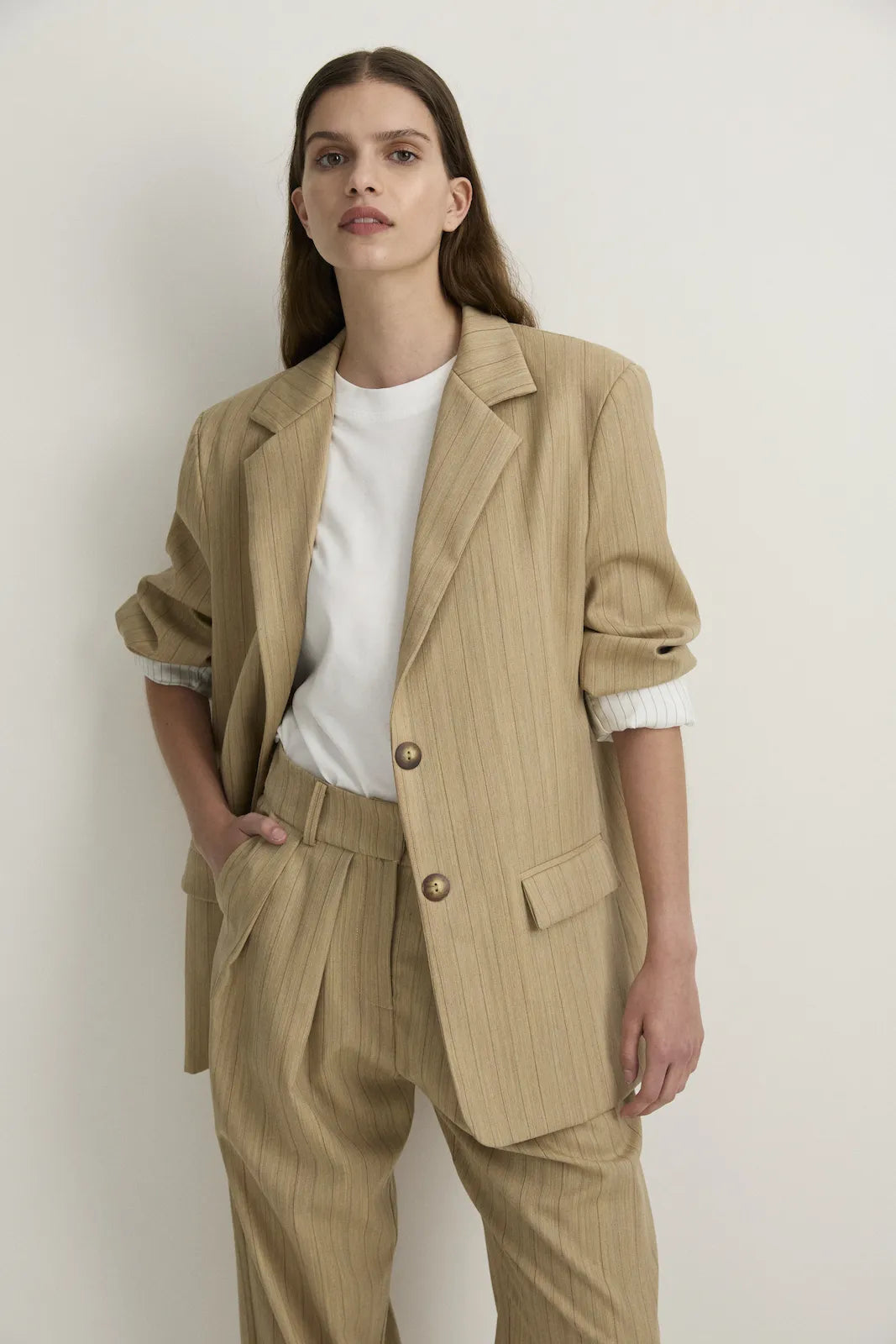 TAILORED PLEAT HIP PANT - CAMEL STRIPE-Pants-Watson X Watson-Watson X Watson