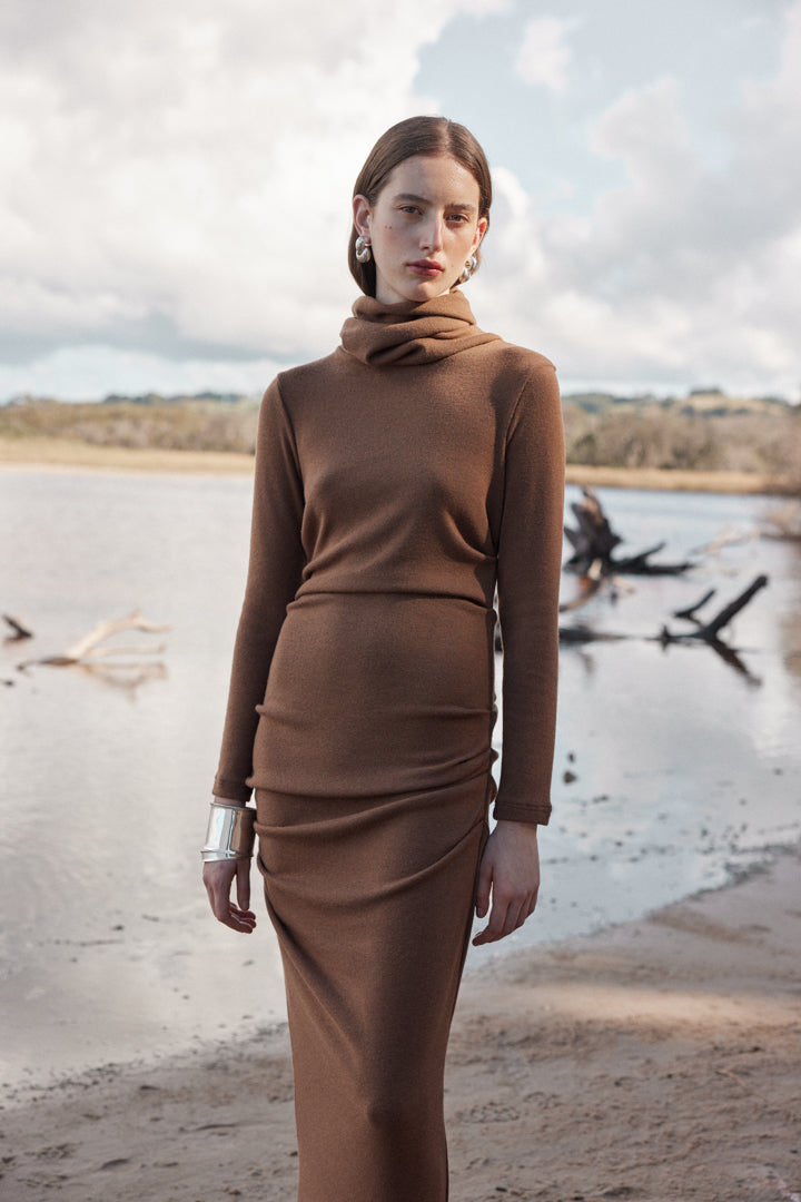 REMOVABLE SNOOD DRESS - TOFFEE-Dresses-Watson X Watson-Watson X Watson