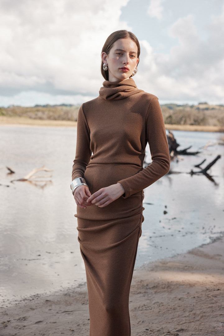 REMOVABLE SNOOD DRESS - TOFFEE-Dresses-Watson X Watson-Watson X Watson
