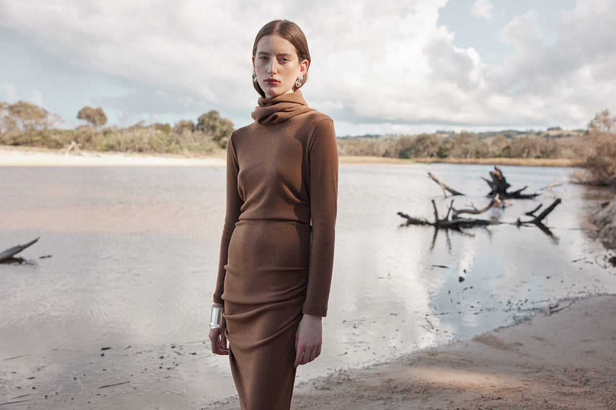 REMOVABLE SNOOD DRESS - TOFFEE-Dresses-Watson X Watson-Watson X Watson