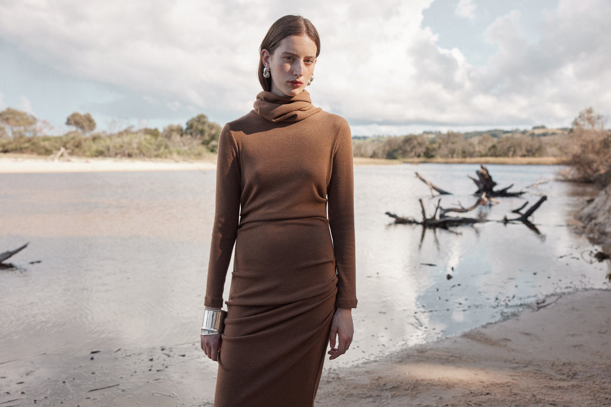 REMOVABLE SNOOD DRESS - TOFFEE-Dresses-Watson X Watson-Watson X Watson